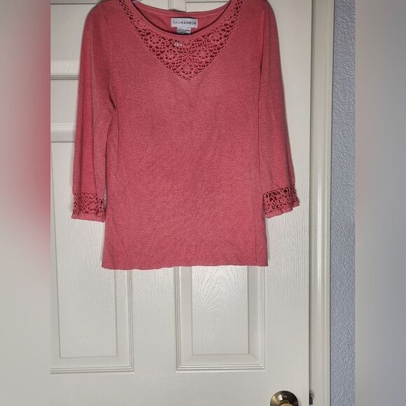 Vtg Sag Harbor  M Pink Knit Embroidery Beaded 3/4Slv RAMIEBlend Women TopSweater - Picture 1 of 7